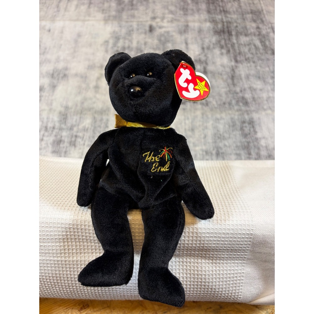 Ty Beanie Baby The End Bear Black Gold Bow Embroidered 1999 Retired Plush 8.5"